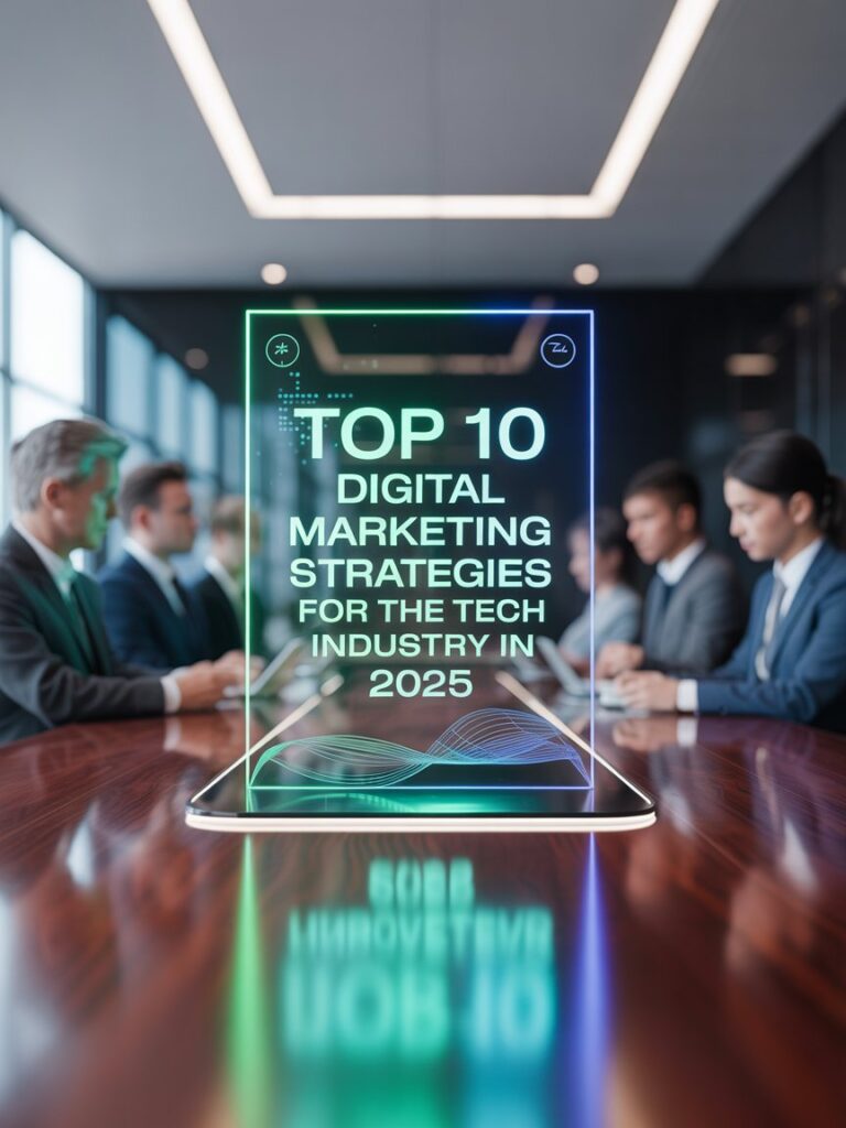 Digital marketing strategies for tech industry 2025 featuring AI automation and data analytics dashboard