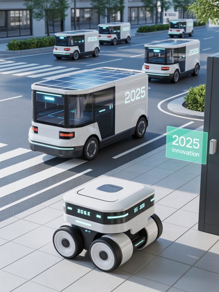 Delivery robots navigating city sidewalks with autonomous vehicles in background showcasing 2025 innovations
