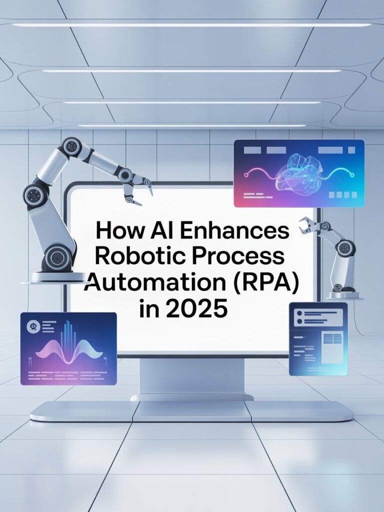 AI-enhanced robotic process automation dashboard showing intelligent bots performing workflow automation in 2025