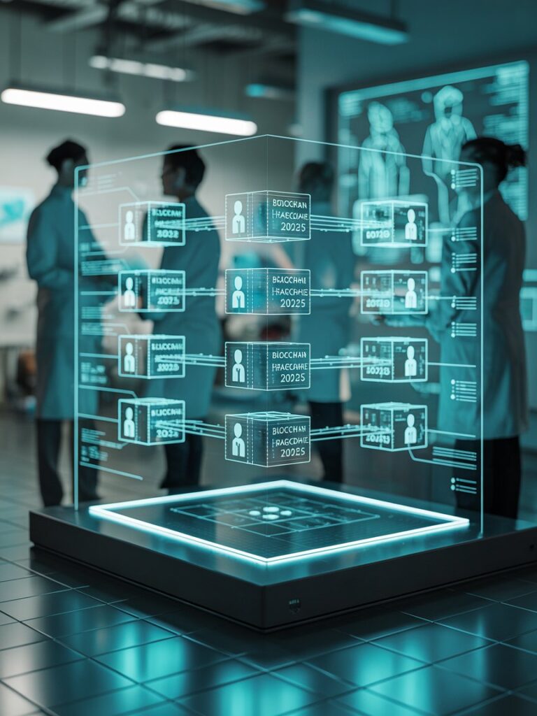 Infographic illustrating how blockchain ensures secure healthcare data management in 2025, featuring encrypted medical records, decentralized networks, and HIPAA-compliant icons for patient privacy and telehealth security.