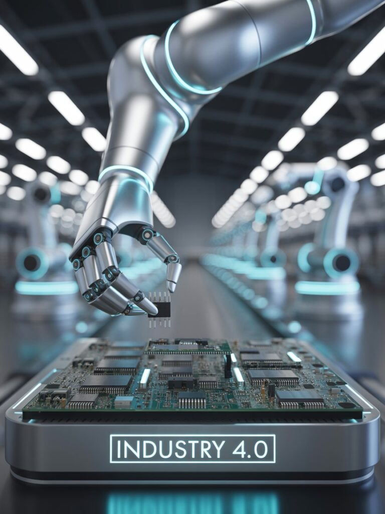 Advanced autonomous robotics systems working in smart factory Industry 4.0 manufacturing facility 2025