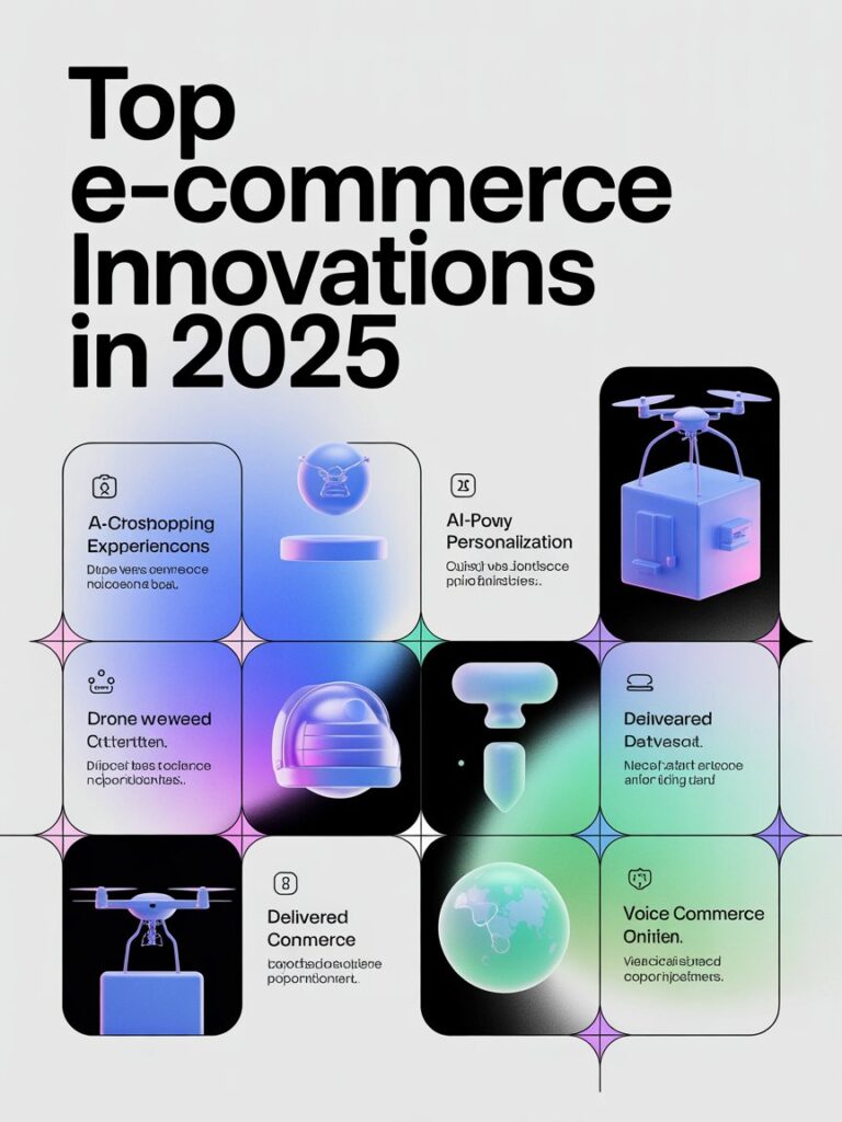 E-commerce innovations 2025 showing AI personalization, augmented reality shopping, mobile commerce, and quick delivery technologies transforming online retail experiences