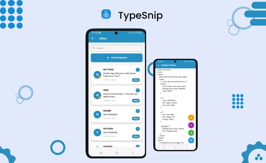 Professional using TypeSnip keyboard expander app on smartphone to expand text snippets quickly and save typing time
