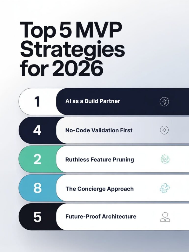 Discover Top 5 MVP Strategies for 2026 smart startups use to validate fast, cut costs & launch with confidence. Your MVP guide starts here.